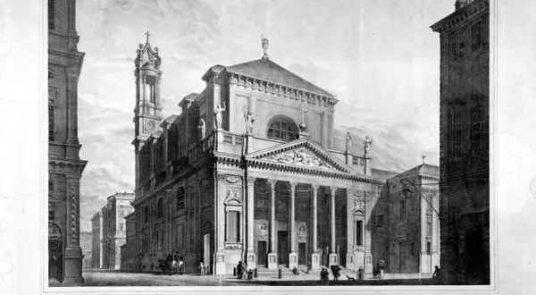 La chiesa di San Filippo Neri a Torino, con la sua imponente facciata colonnata e il campanile svettante, vista da una strada cittadina con figure e una carrozza.