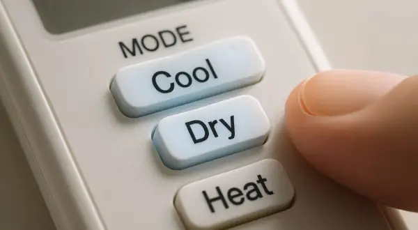 Doigt appuyant sur le bouton "Dry" d'une télécommande, choisissant entre clim cool ou dry pour un confort optimal.