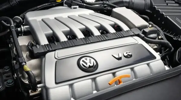 Silnik VR6 Volkswagena z widocznym logo i oznaczeniem V6.