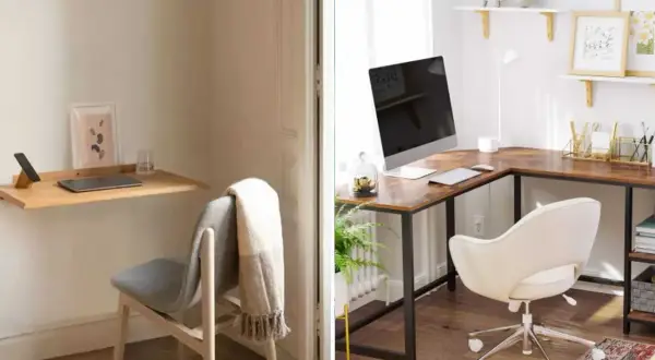 Idées pour transformer une chambre en bureau : un petit bureau mural minimaliste et un grand bureau d'angle fonctionnel.