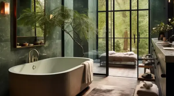 Élégante salle de bain travertin et vert, avec baignoire, vue sur jardin luxuriant.