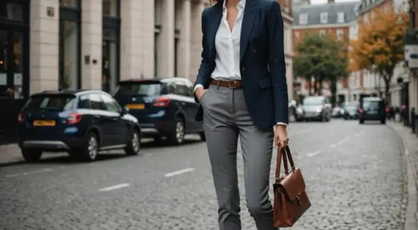 Eleganckie szare spodnie stylizacje damskie: granatowa marynarka, biała koszula, brązowy pasek i torebka. Kobieta idzie ulicą.