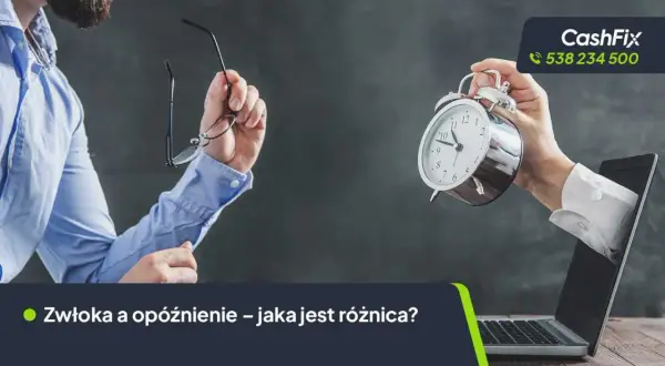 Mężczyzna z okularami w ręku i budzik wychodzący z laptopa. Czy to zwłoka, czy opóźnienie?