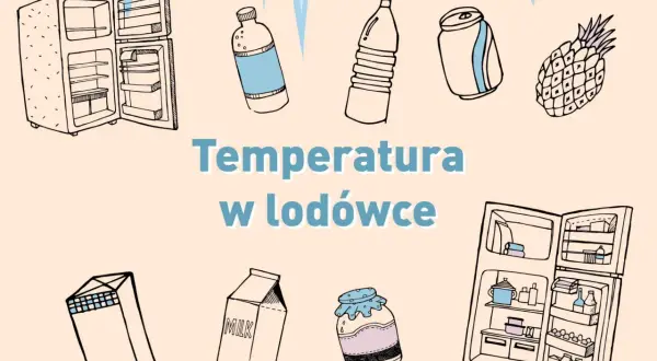 Ilustracja z otwartą lodówką, napojami, mlekiem, dżemem i ananasem.