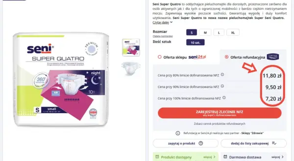 Pieluchomajtki Seni Super Quatro w rozmiarze S, dostępne z refundacją NFZ. Cena od 7,20 zł przy 100% dofinansowania.