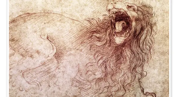 Leonardo da Vinci rysunek przedstawia ryczącego lwa z otwartą paszczą i bujną grzywą, uchwyconego w dynamicznym ruchu.