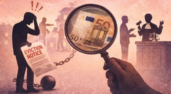 Uomo con palla al piede e avviso di sfratto, sotto lente d'ingrandimento una banconota da 50 euro. Il mancato pagamento spese condominiali porta a conseguenze legali.