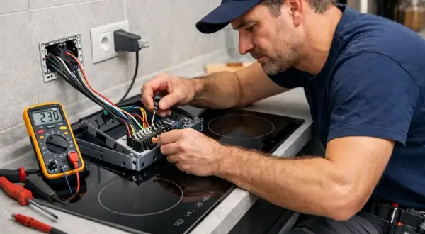 Elektryk podłącza płytę indukcyjną 400V. Multimetr obok pokazuje 230V.