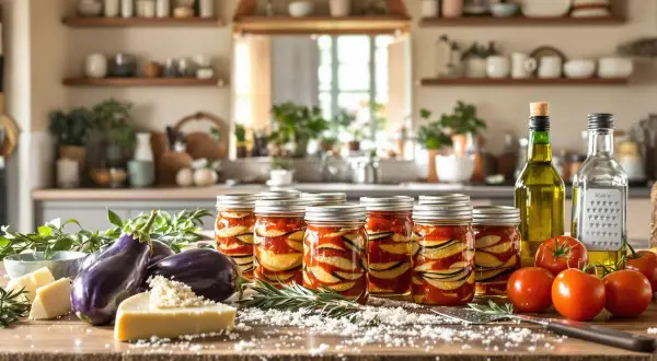 Aubergines confites recette italienne : des bocaux remplis d'aubergines, tomates, huile d'olive, ail et herbes sur un comptoir de cuisine.
