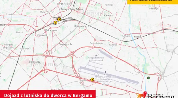 Mapa pokazuje dojazd z lotniska Mediolan Bergamo do dworca kolejowego i autobusowego.