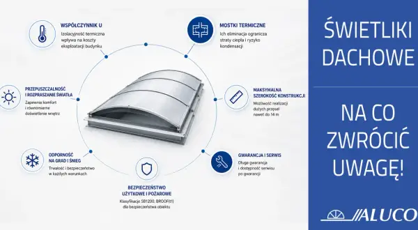 Nowoczesny świetlik dachowy z aluminium, zapewniający komfortowe doświetlenie, izolację termiczną i bezpieczeństwo.