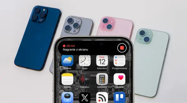 Nagrywanie ekranu iPhone'a w toku, w tle kilka modeli w różnych kolorach.