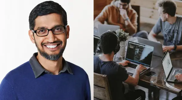 Sundar Pichai ler, omgiven av ett team av bra medarbetare som arbetar fokuserat vid sina laptops.
