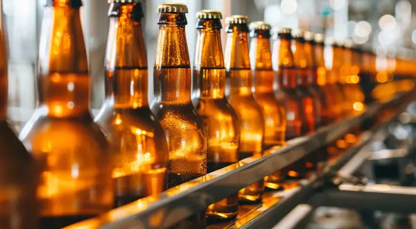 Szklane butelki piwa Tyskie na linii produkcyjnej. Różne rodzaje butelek czekają na napełnienie.