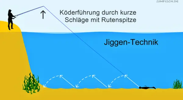Angler demonstriert die Zander Jiggen-Technik: Köderführung durch kurze Schläge mit der Rutenspitze am Gewässergrund.