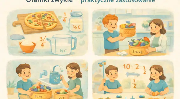 Ilustracja przedstawia dzieci i dorosłych używających ułamków w kuchni i ogrodzie, np. przy krojeniu pizzy, odmierzaniu składników i sadzeniu roślin.