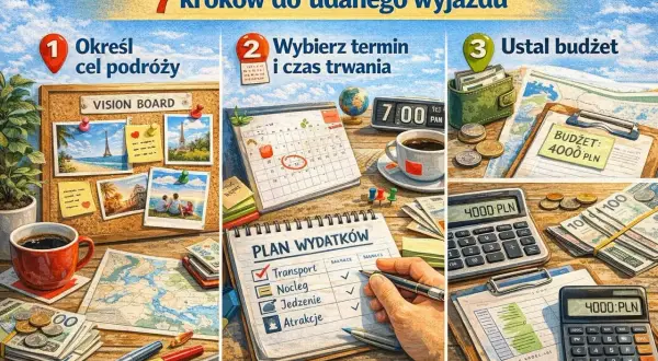 Jak zaplanować podróż: ustal cel, termin i budżet. Na stole vision board, kalendarz, kalkulator i plan wydatków.