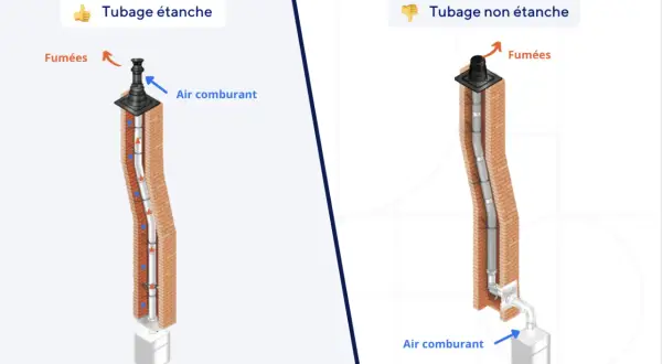 Comparaison de deux systèmes d'évacuation : tubage étanche pour chaudière à condensation (air comburant aspiré, fumées évacuées) vs tubage non étanche.
