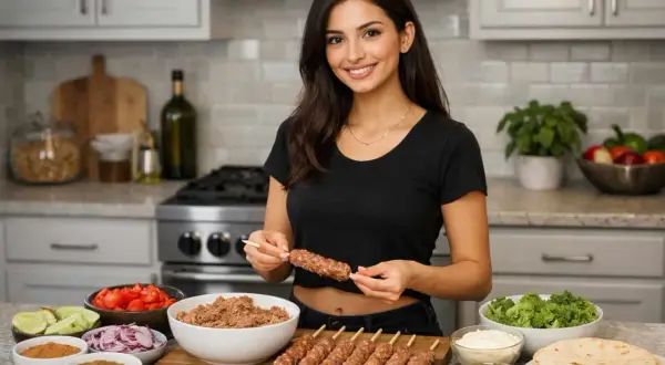 Kvinna förbereder kebabspett med ingredienser som tomater, gurka, lök och kryddor. Ett perfekt kebab recept för hemmabruk.
