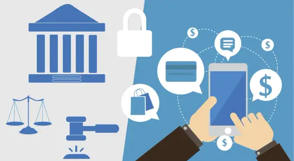 Ilustración de elementos legales y financieros: balanza, mazo, candado, banco, tarjeta de crédito, bolsas de compra y smartphone. Claves para los requisitos legales para abrir una tienda online.