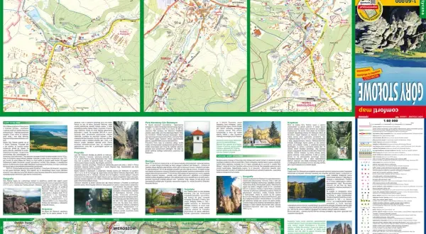 Mapa turystyczna Gór Stołowych z zaznaczonymi szlakami, atrakcjami i miejscowościami jak Kudowa-Zdrój, Duszniki-Zdrój i Polanica-Zdrój.