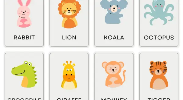 Tarjetas educativas con dibujos de animales en inglés: conejo, león, koala, pulpo, cocodrilo, jirafa, mono y tigre.