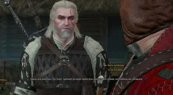 Geralt w zbroi, z mieczami na plecach, rozmawia z kimś w brązowej skórzanej zbroi. Powrót na Krzywuchowe Moczarze?