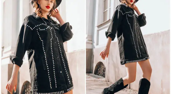 Kobieta w kapeluszu i czarnej kurtce z ćwiekami, styl grunge damski. Długie buty kowbojki dopełniają stylizację.