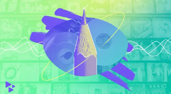 A pencil tip emerges from vinyl records, surrounded by album covers to draw.