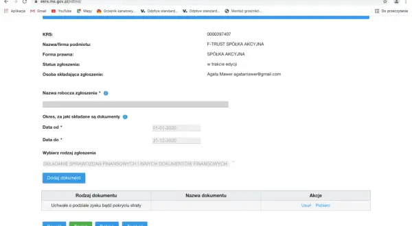 Formularz elektronicznego zgłoszenia do KRS z polami do wpisania danych firmy i dat.