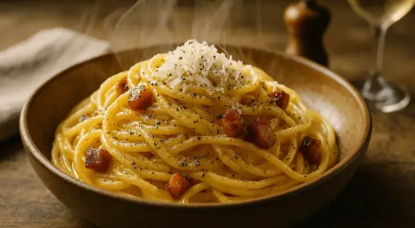 Spaghetti carbonara fumant dans un bol en bois, garni de lardons et de parmesan râpé.