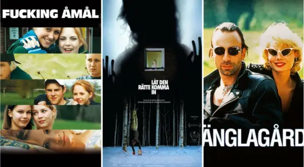 Tre svenska klassiska filmer: Fucking Åmål, Låt den rätte komma in och Änglagård.