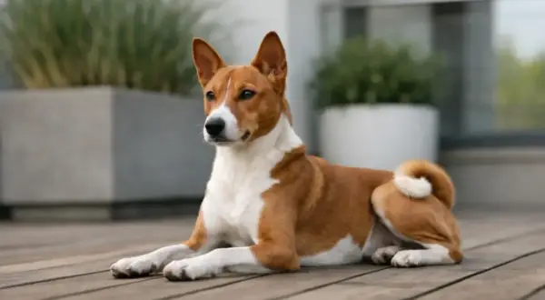 Elegancki basenji leży na drewnianym tarasie. Zastanawiasz się nad basenji cena?