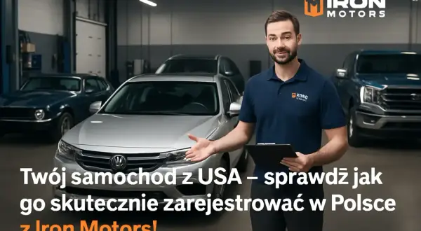 Mężczyzna w warsztacie z samochodami z USA. Pomaga w procesie rejestracji pojazdu, ułatwiając złożenie wniosku o przerejestrowanie pojazdu.