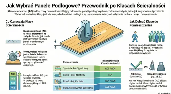 Wybierając panele, zwróć uwagę na klasę ścieralności AC5, która zapewnia wysoką trwałość. Tabela pokazuje, jak dopasować klasę do pomieszczenia.