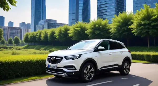 Vit Opel Grandland står parkerad vid en grönskande allé med skyskrapor i bakgrunden. Kanske ett problem med bilen?