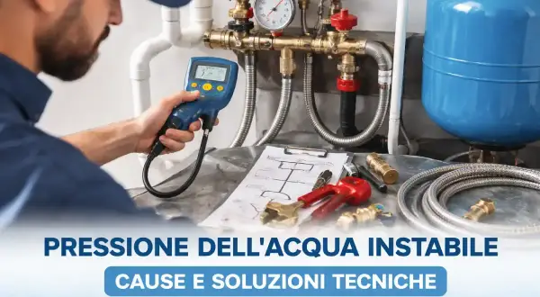 Un tecnico controlla la pressione dell'acqua con un manometro. Sul tavolo, strumenti e schemi per risolvere problemi di pressione.