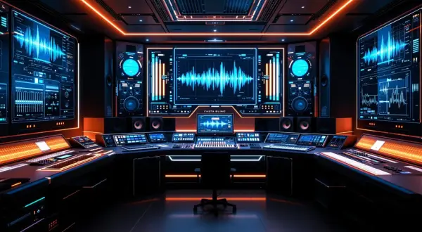 Futuristic ai music studio with glowing screens displaying waveforms and multiple keyboards.