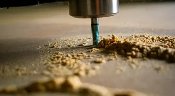Narzędzie CNC obrabia drewno, tworząc wióry. Optymalne parametry skrawania zapewniają precyzję i wydajność.