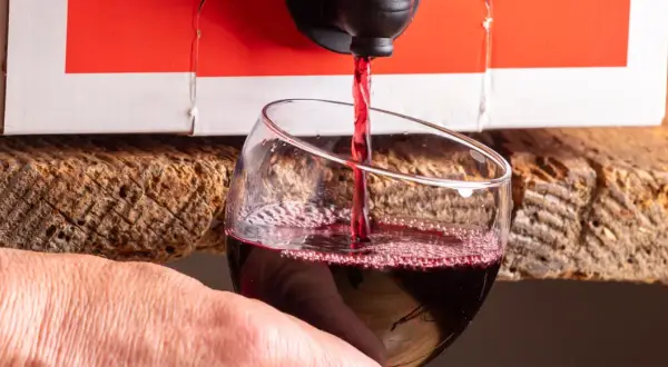 Czerwone wino leje się z kartonu do kieliszka. Wygodny sposób na serwowanie wina w 5 litrowej butelce.