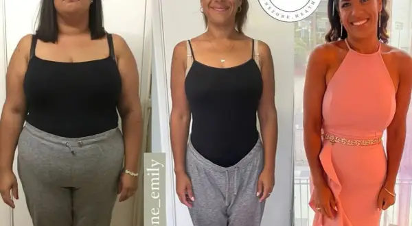 Vorher-nachher-Bilder zeigen eine Frau, die dank One 2 One Diet 50 kg abgenommen hat. Sie strahlt in einem eleganten rosa Kleid.