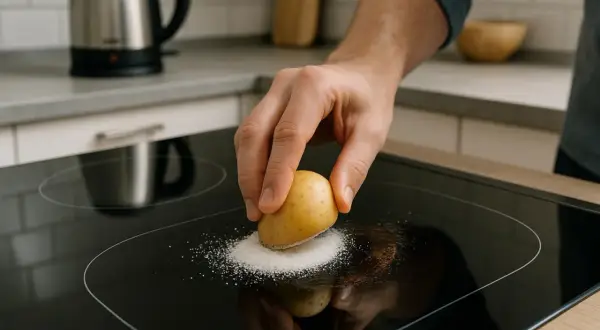 Main d'homme utilisant une pomme de terre et du sel pour nettoyer plaque induction cramée. Astuce de grand-mère pour une cuisine impeccable.