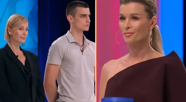 Kto odpadnie z Top Model? Dwie kobiety i młody mężczyzna w jasnej koszulce czekają na werdykt jury.