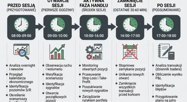 Schemat dnia tradera: przygotowanie (08-09), otwarcie sesji (09-10), aktywna faza handlu (10-16), zamknięcie sesji (16-17), podsumowanie (17-18). Jak zacząć trading? Analizuj, obserwuj, handluj, zamykaj i podsumuj.