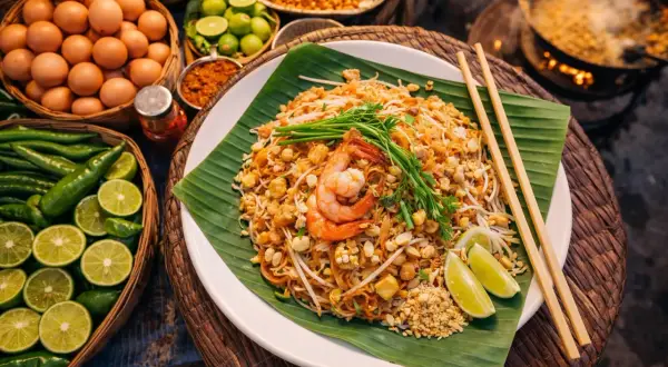 Talerz Pad Thai z krewetkami, posypany orzeszkami, na liściu bananowca, obok składniki.