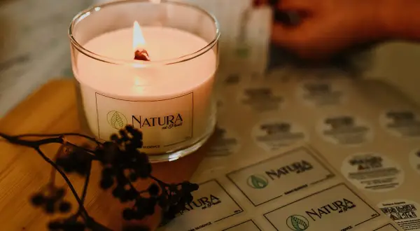 Płonąca, naturalna świeca zapachowa w szkle, obok gałązka z owocami. W tle arkusz z etykietami "NATURA od Pauli" - inspiracja, jak zrobić naturalne świece zapachowe.