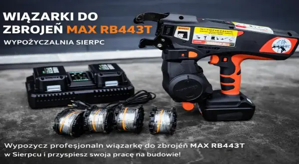 Profesjonalna wiązarka do zbrojeń MAX RB443T z akumulatorami i szpulami drutu.