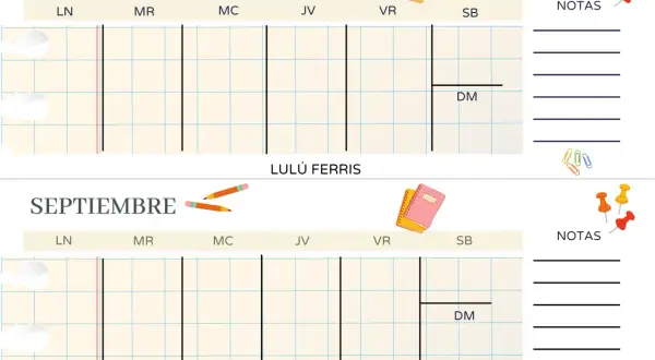Calendario de septiembre con espacio para notas. Lápices y libretas decoran el diseño.