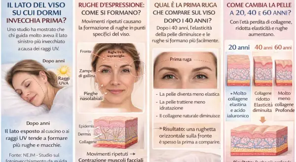 Il lato del viso su cui dormi invecchia prima, formando rughe da sonno. I raggi UVA e i movimenti ripetuti causano rughe d'espressione.