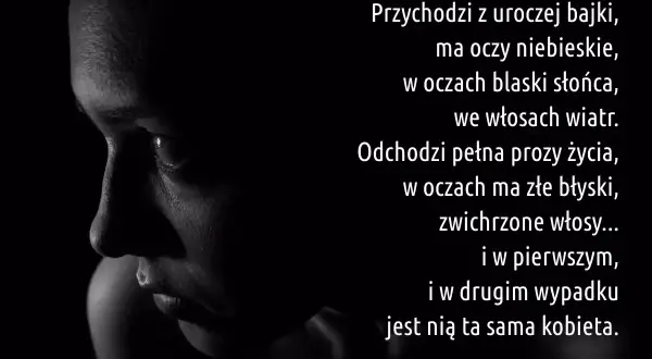 Krótkie wiersze o oczach: niebieskie, pełne słońca, potem złe błyski. Ta sama kobieta, różne spojrzenia.